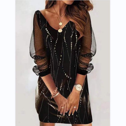 Ladies Elegant Butterfly Print Mini Dress with Sheer Sleeves Ivyshape