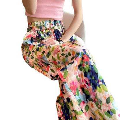 Ladies Floral Pattern Wide Pants Ivyshape