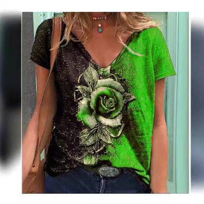 Women's Artistic Floral Graphic V-Neck T-Shirt Ivyshape
