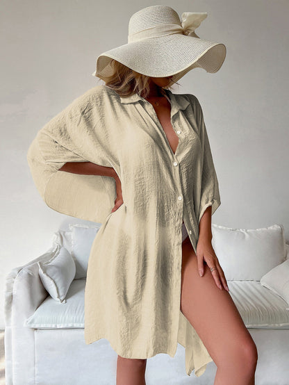 Ladies airy beach cover-up with elegant cut and buttoned design Ivyshape