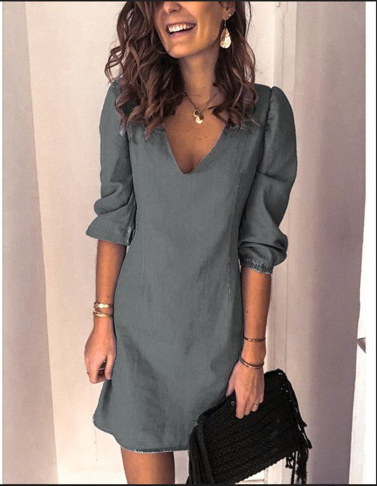 Ladies elegant V-neck short dress with puff sleeves Ivyshape