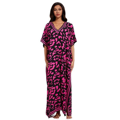Women's maxi kaftan in a modern animal pattern with deep V-neck Ivyshape