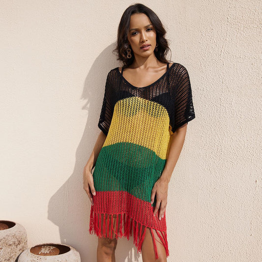Ladies airy crochet beach cover-up with creative fringes Ivyshape