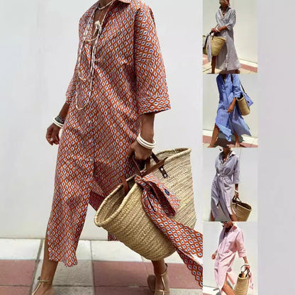 Women's shirt dress with waist belt and trendy stripe pattern Ivyshape