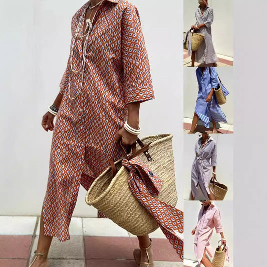 Women's shirt dress with waist belt and trendy stripe pattern Ivyshape
