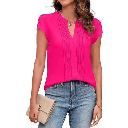Women Pleated V-Neck Blouse Ivyshape