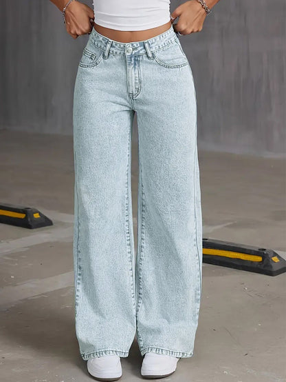 Ladies High-Waisted Wide-Leg Denim Jeans Ivyshape