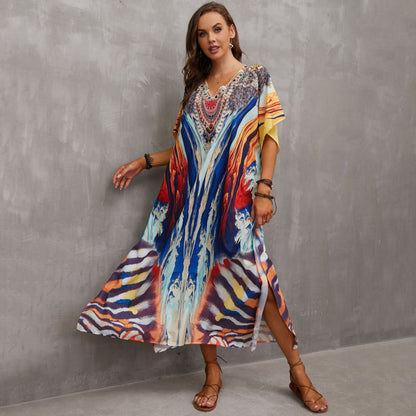 Ladies kaftan dress with majestic animal motif and side slits Ivyshape