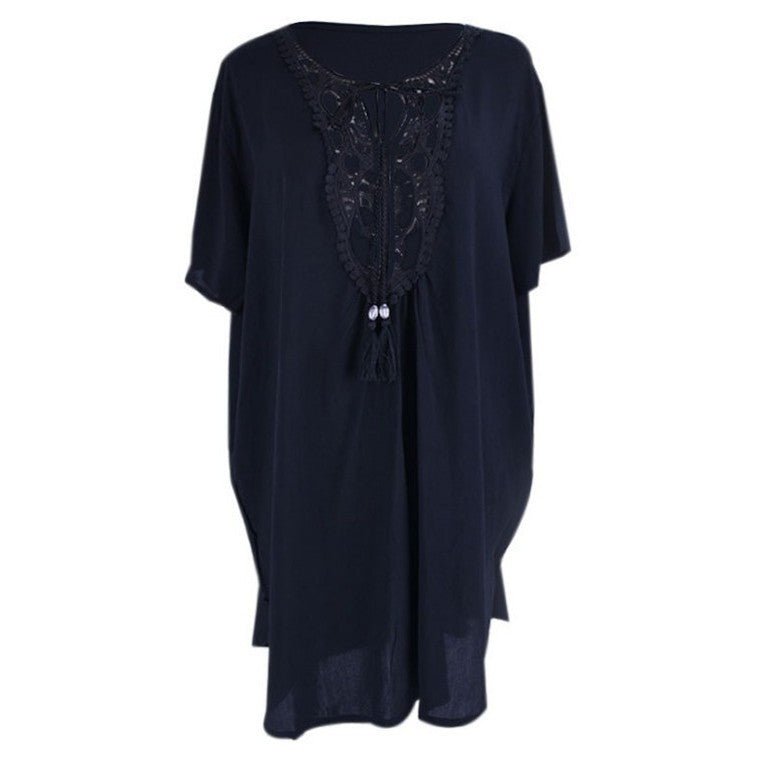 Ladies casual dress with fine crochet accents and casual V-neck Ivyshape