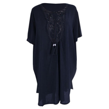 Ladies casual dress with fine crochet accents and casual V-neck Ivyshape