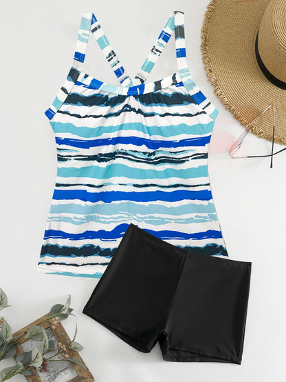 Ladies sporty tankini set with striped top and short-like bottom Ivyshape