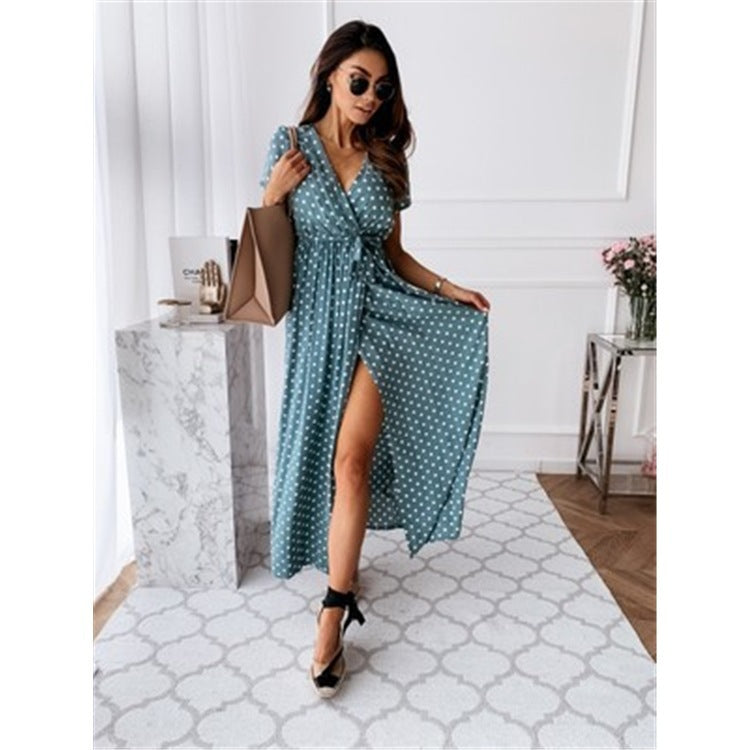 Ladies wrap dress with elegant polka dot pattern and high slit Ivyshape