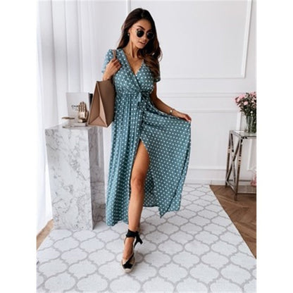 Ladies wrap dress with elegant polka dot pattern and high slit Ivyshape