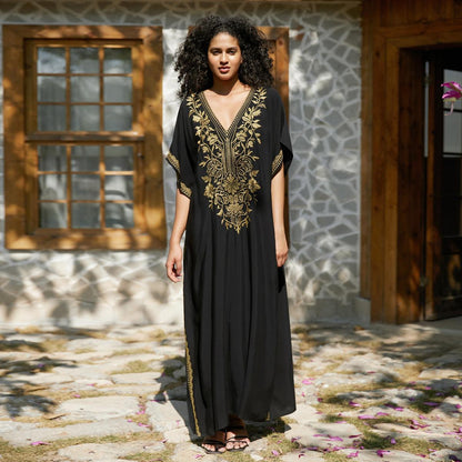 Women's kaftan dress with intricate golden border and elegant V-neck Ivyshape