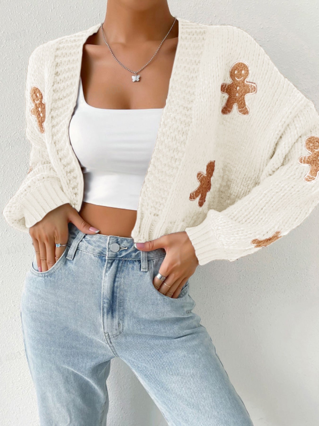 Women's cozy knit cardigan with playful plush toy appliqués Ivyshape