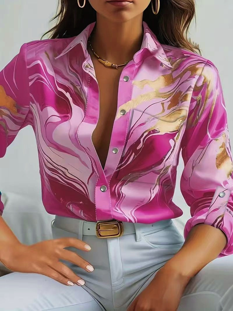 Ladies Elegant Blouse with Abstract Marble Pattern Ivyshape