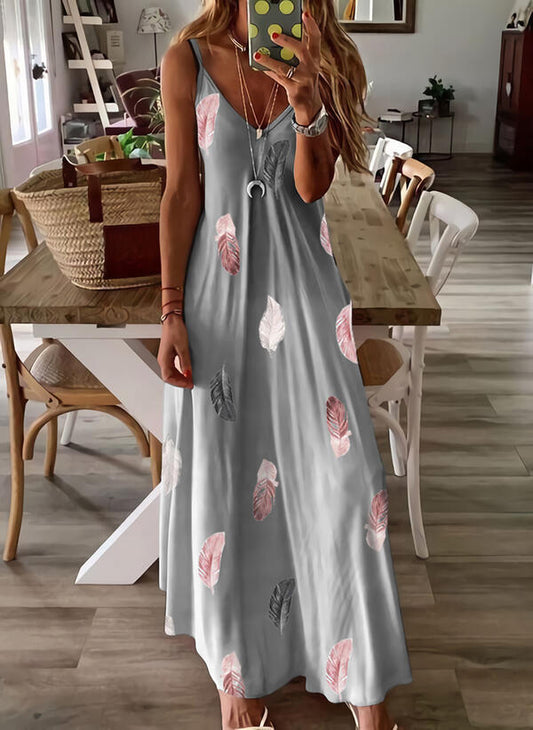Women’s maxi dress with feather print and set-in sleeves Ivyshape