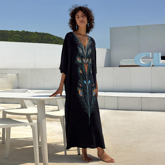 Ladies elegant kaftan robe with elaborate peacock motif Ivyshape