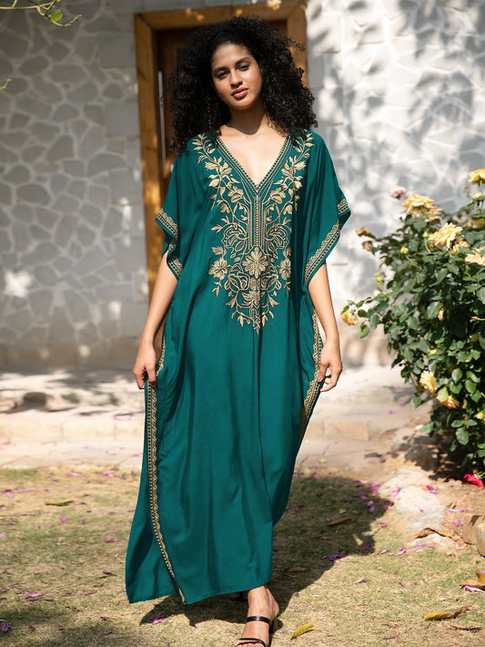 Women's kaftan dress with intricate golden border and elegant V-neck Ivyshape