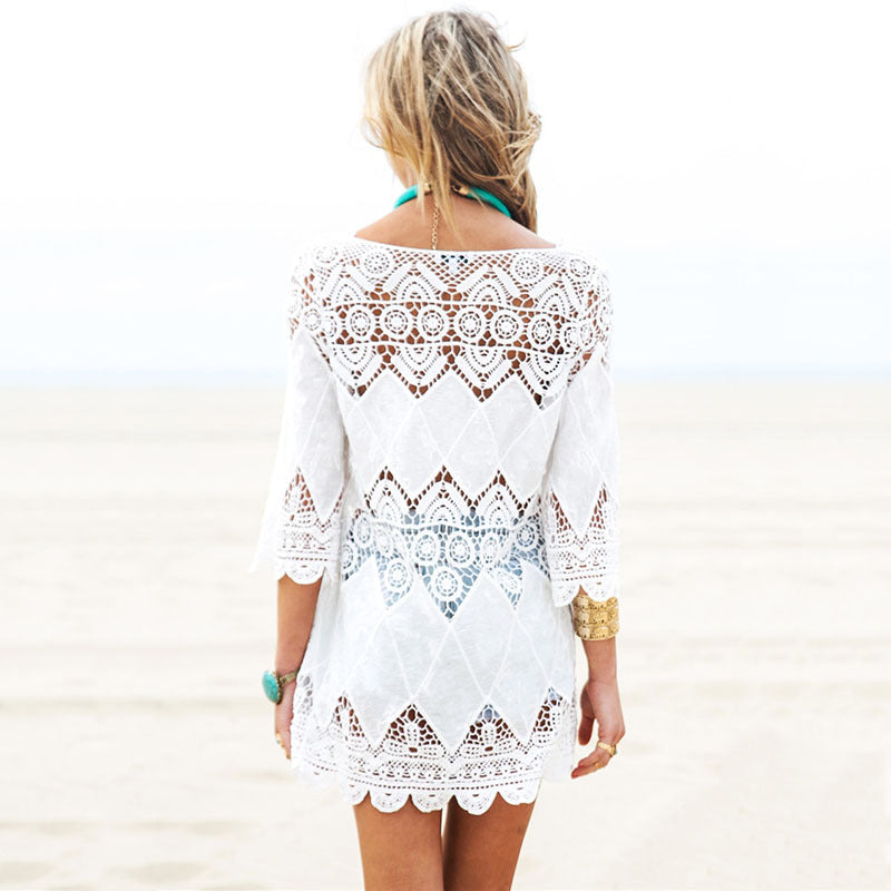 Women's airy crochet beach cover-up with romantic pattern and wide cut Ivyshape