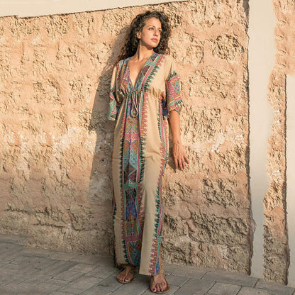 Women Boho-Style Maxi Dress with Colorful Embroidery Ivyshape