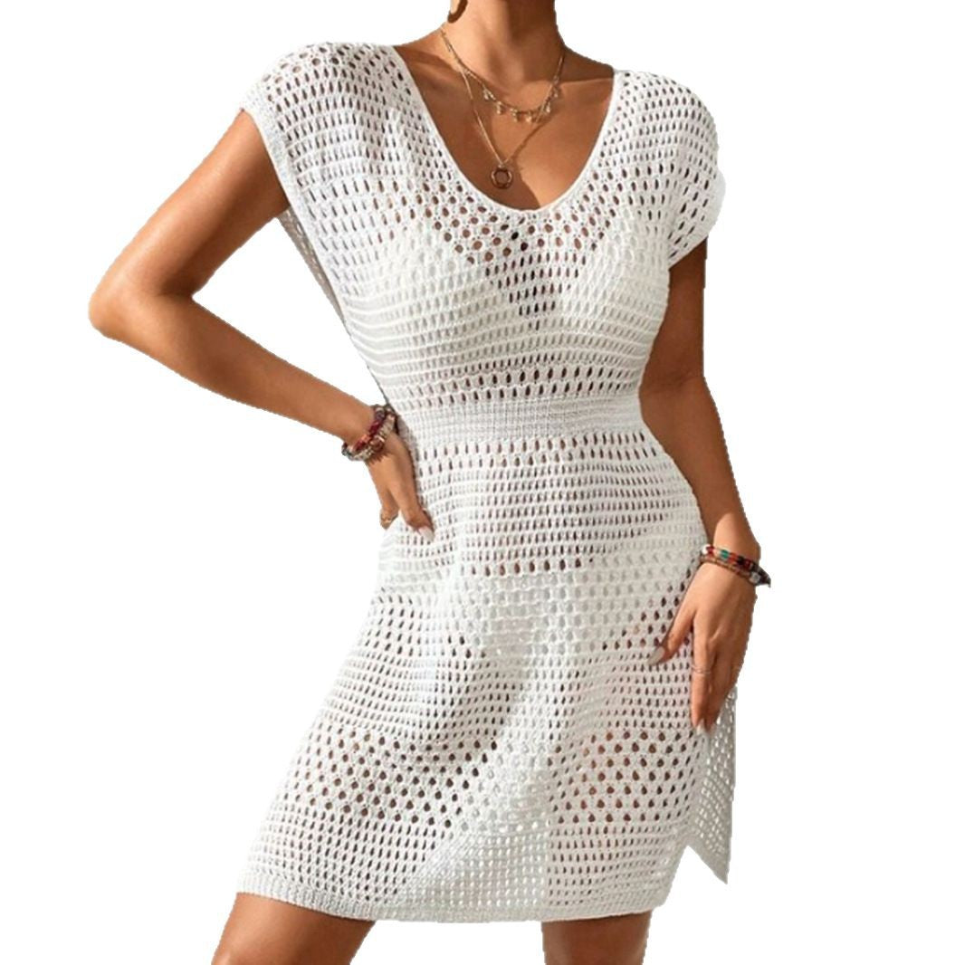 Women crocheted beach dress with V-neck and elastic waistband Ivyshape