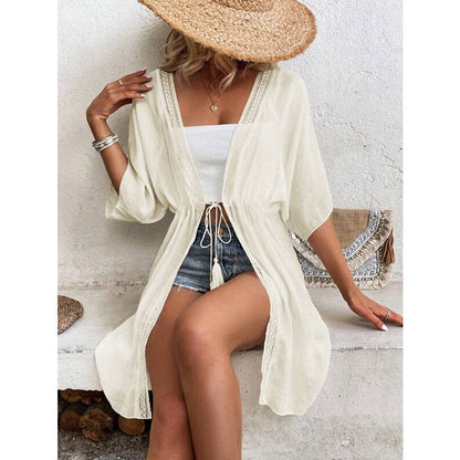 Women's beach tunic with elegant tie belt and lace accents Ivyshape