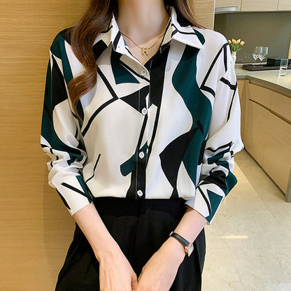 Ladies Fashion Blouse with Geometric Pattern and Elegant Button Placket Ivyshape