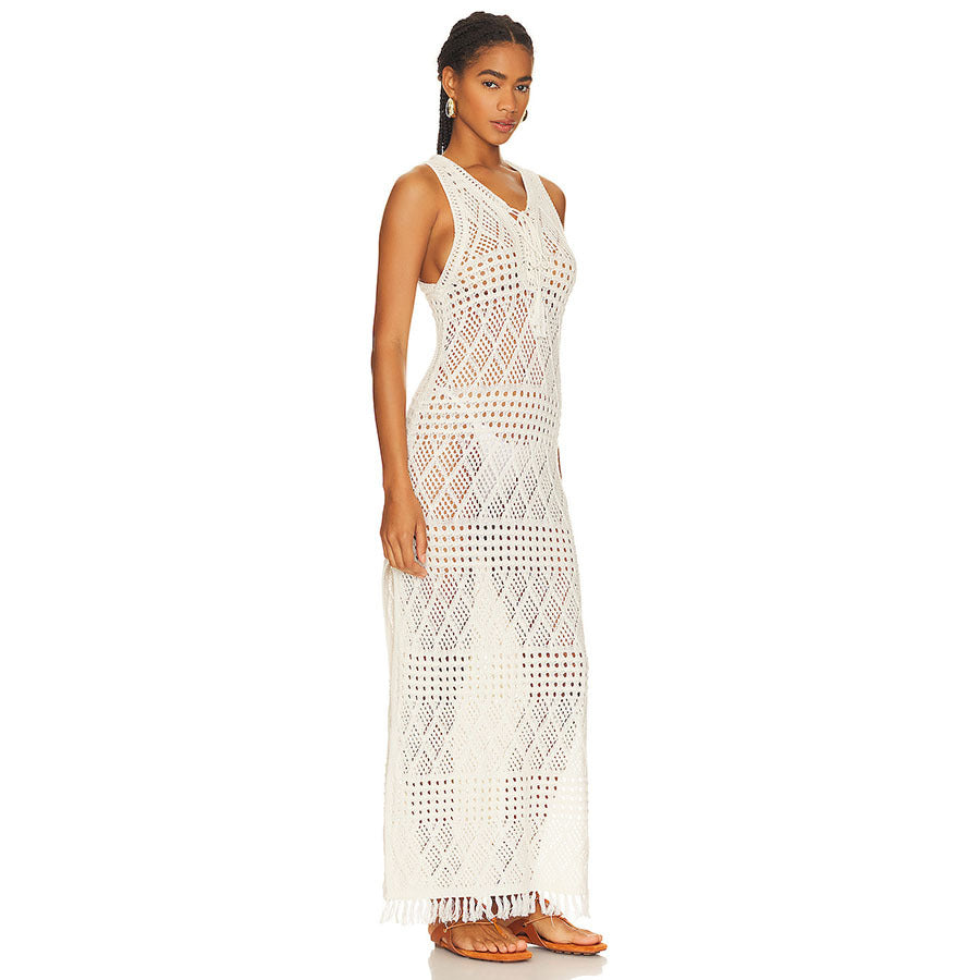 Women's airy crocheted beach cover-up with deep V-neckline and fringed hem Ivyshape
