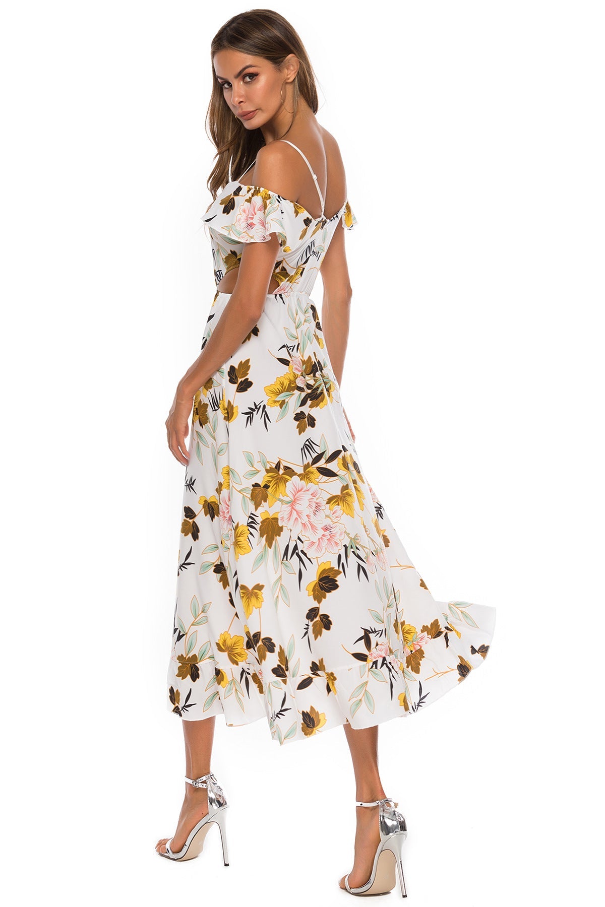 Women's Off-Shoulder Maxi Dress with Ruffle Details and Floral Pattern Ivyshape