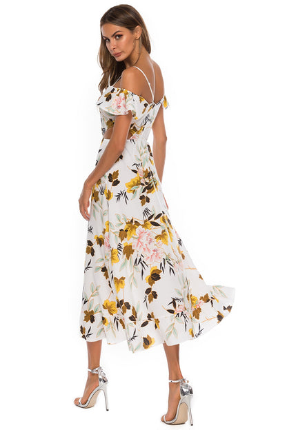 Women's Off-Shoulder Maxi Dress with Ruffle Details and Floral Pattern Ivyshape