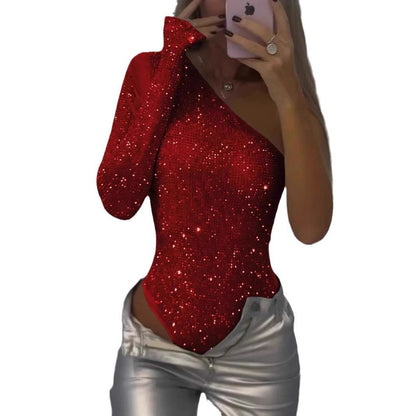 Women's One-Shoulder Glittering Bodysuit Ivyshape