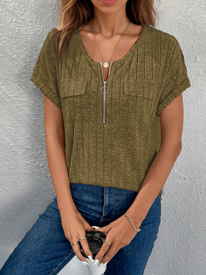 Women Rib Pockets Zip-Up Top Ivyshape