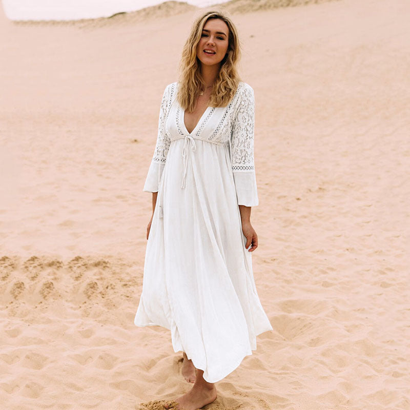 Women's beach robe with elegant crochet embellishment and wide flared sleeves Ivyshape