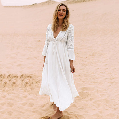 Women's beach robe with elegant crochet embellishment and wide flared sleeves Ivyshape