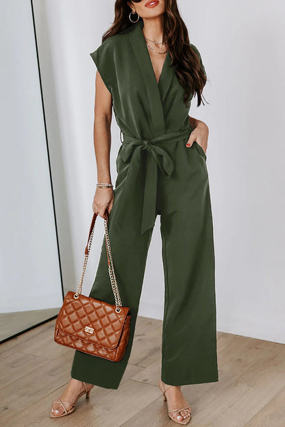 Ladies Elegant Belted Wide Leg Jumpsuit Ivyshape