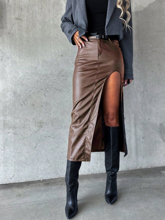 Ladies High-Slit Leather Midi Skirt Ivyshape