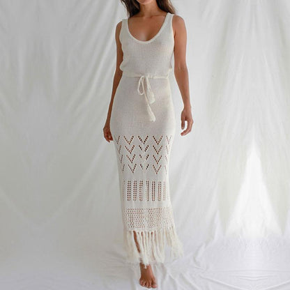 Ladies Longer Crochet Skirt with Fringed Hem and Adjustable Belt Ivyshape