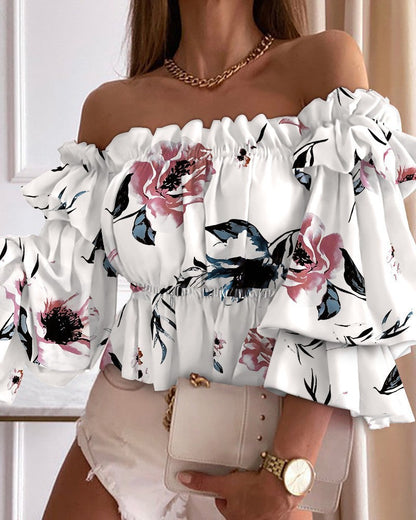 Women's Off-Shoulder Blouse with Voluminous Sleeves and Floral Pattern Ivyshape