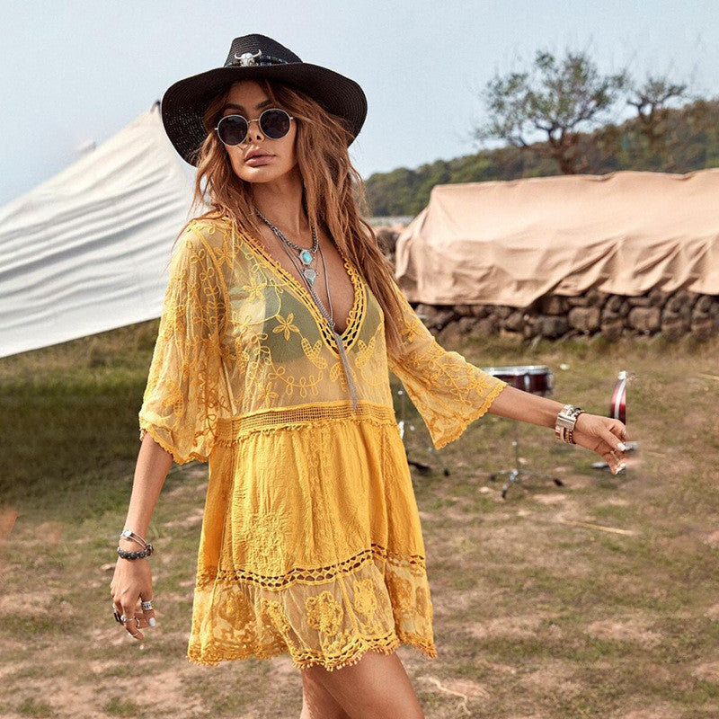 Ladies short crochet dress with deep V-neck and playful design Ivyshape