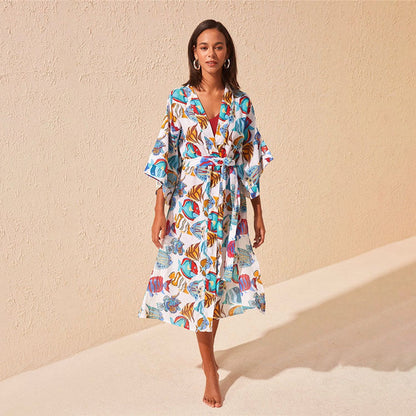 Women's beach robe with colorful fish cut Ivyshape