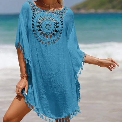 Women's Crochet Beach Cover-Up with Decorative Round Stitch Design and Fashionable Fringes Ivyshape