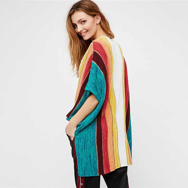 Women's casual beach cover-up with modern stripe pattern and deep V-neck Ivyshape