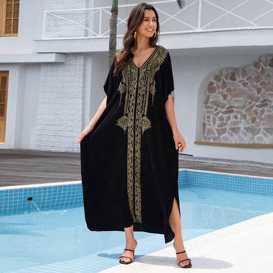 Ladies Kaftan dress with ornate gold embroidery and side slits Ivyshape