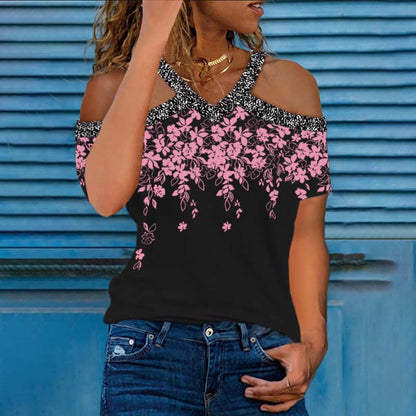 Women's Cold Shoulder Flower Pattern Top Ivyshape