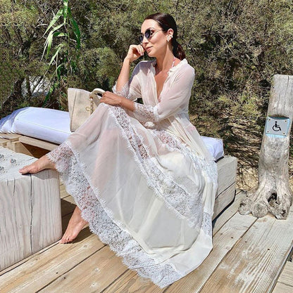Women transparent beach robe with voluminous lace bottom Ivyshape