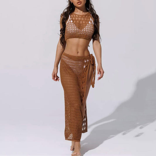 Women's Crocheted Beach Set with High-Rise Skirt and Crop Top Ivyshape