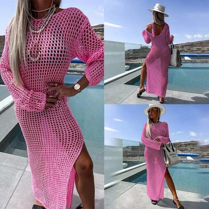 Women's crochet beach dress with deep slit and long cut Ivyshape