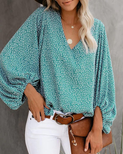 Ladies' Fashion Blouse with Voluminous Sleeves and Floral Pattern Ivyshape
