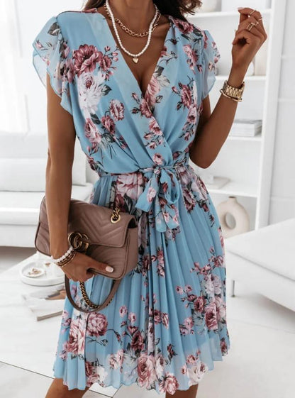 Women's wrap dress with floral design and innovative pleated skirt Ivyshape
